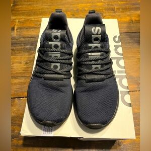 Adidas, tennis shoes, size 8, slide ons and color is black.